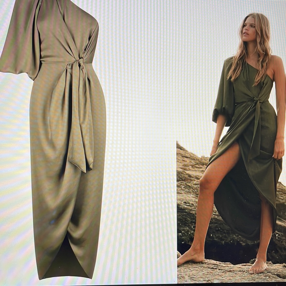 New Shona Joy Luxe Tie Front One Shoulder Dress Pine US 6